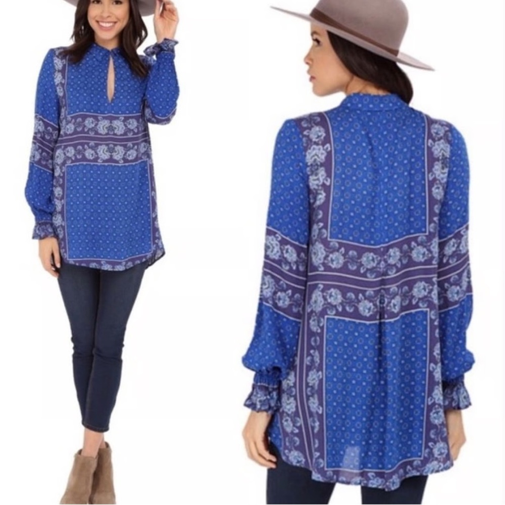 Free People Changing Time Blue Patterned Long Sle… - image 1